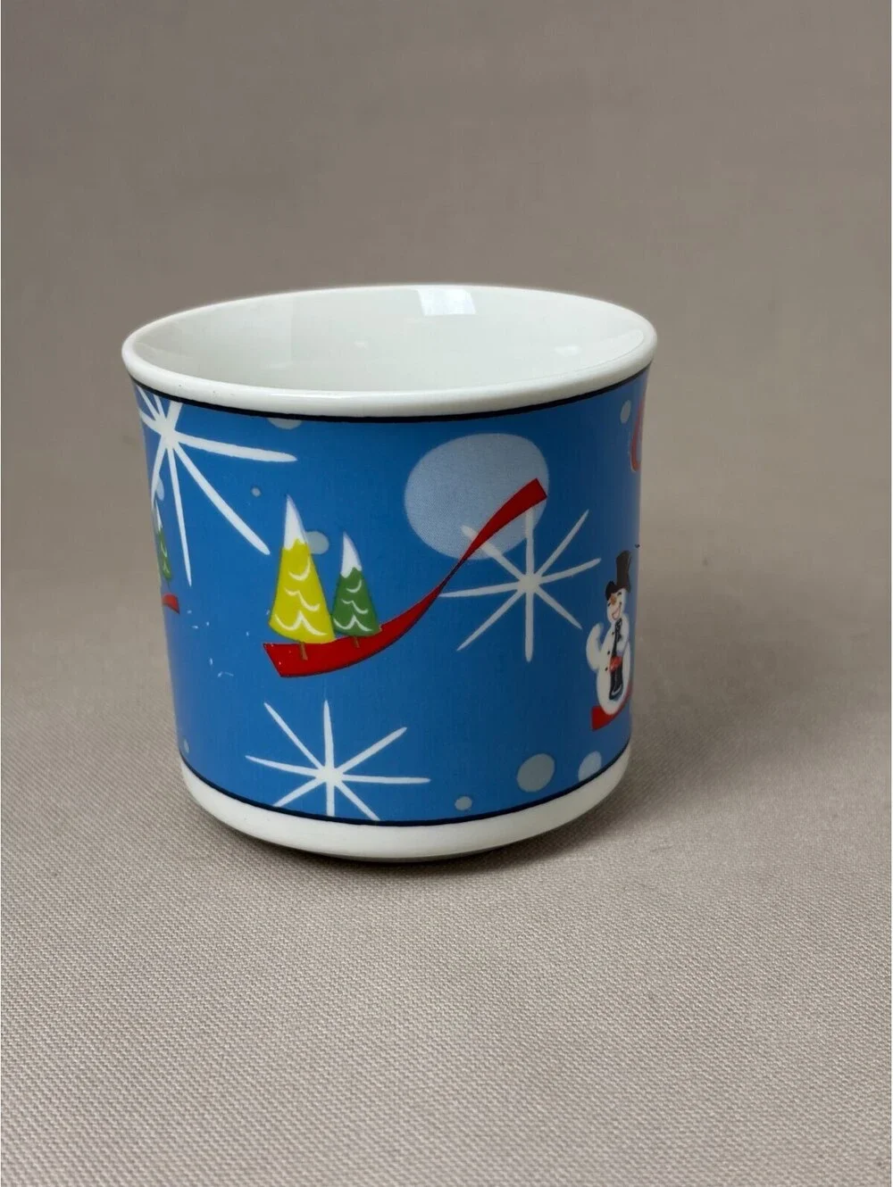 Coca Cola Laughing Snowman Coffee Mug Blue Christmas Retro Starburst Cup 10oz